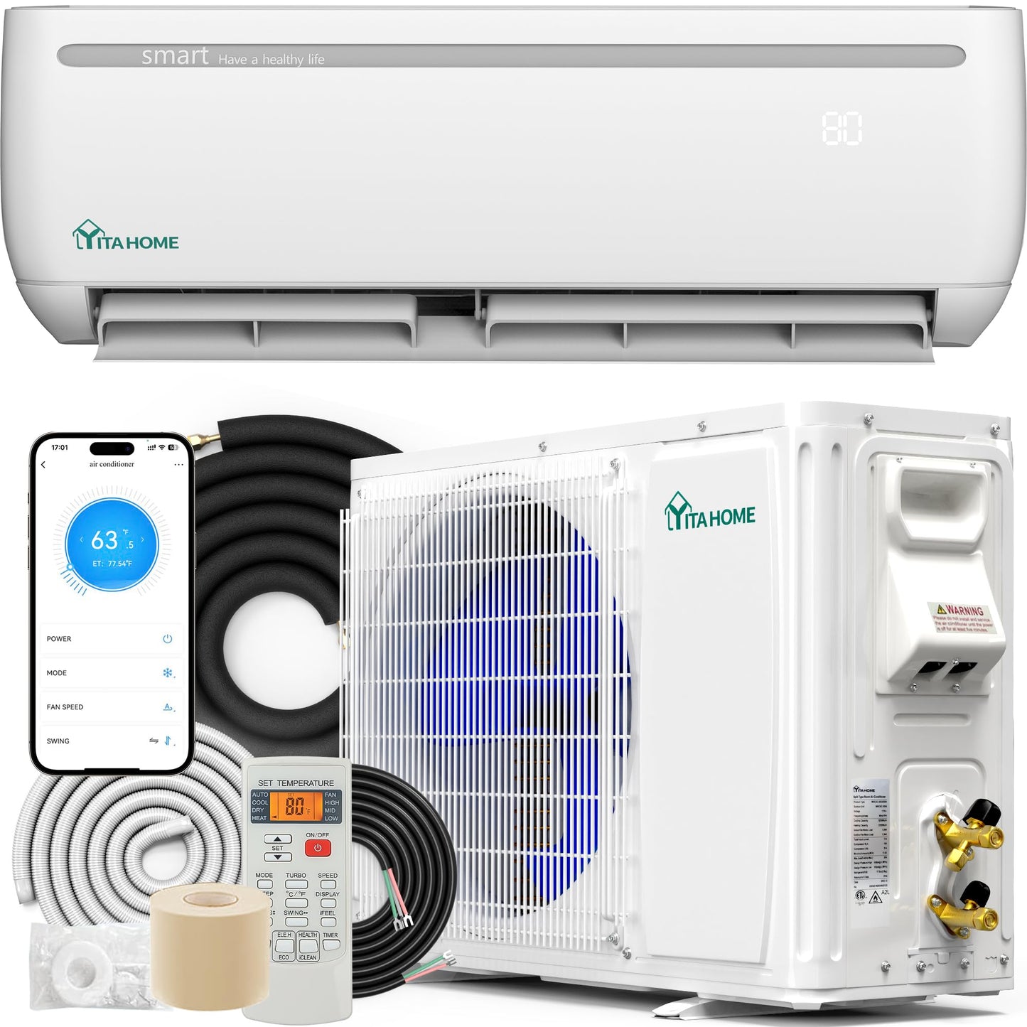 YITAHOME 12000 BTU Mini Split Air Conditioner Heat Pump System, 20 SEER2 115V WiFi Enabled Inverter Ductless AC Cool Up to 750 Sq. Ft with Installation Kit, Pre-Charged Condenser, 1 Ton