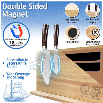 XYJ Authentic Since 1986, Magnetic Knife Block, Double Side Kitchen Knife Stand, Acacia Wood, Magnetic Knife Holder with Strong Enhanced Magnets,Knives Storage Rack Stand for Home Kitchen