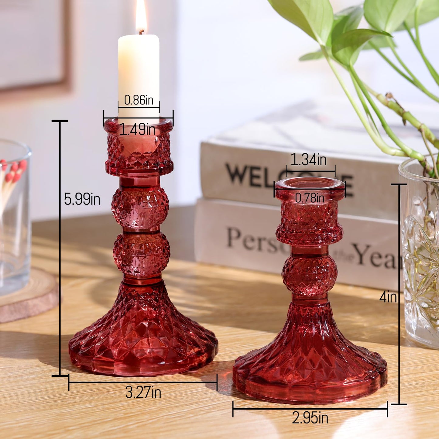 DARJEN Red Glass Candlestick Holders Set of 6, 4" H & 5" H Taper Candle Holders for Candlesticks & Pillar Candles, Diamond Candle Holders for Wedding Party Table Centerpiece, Home Decor (Pack of 2)