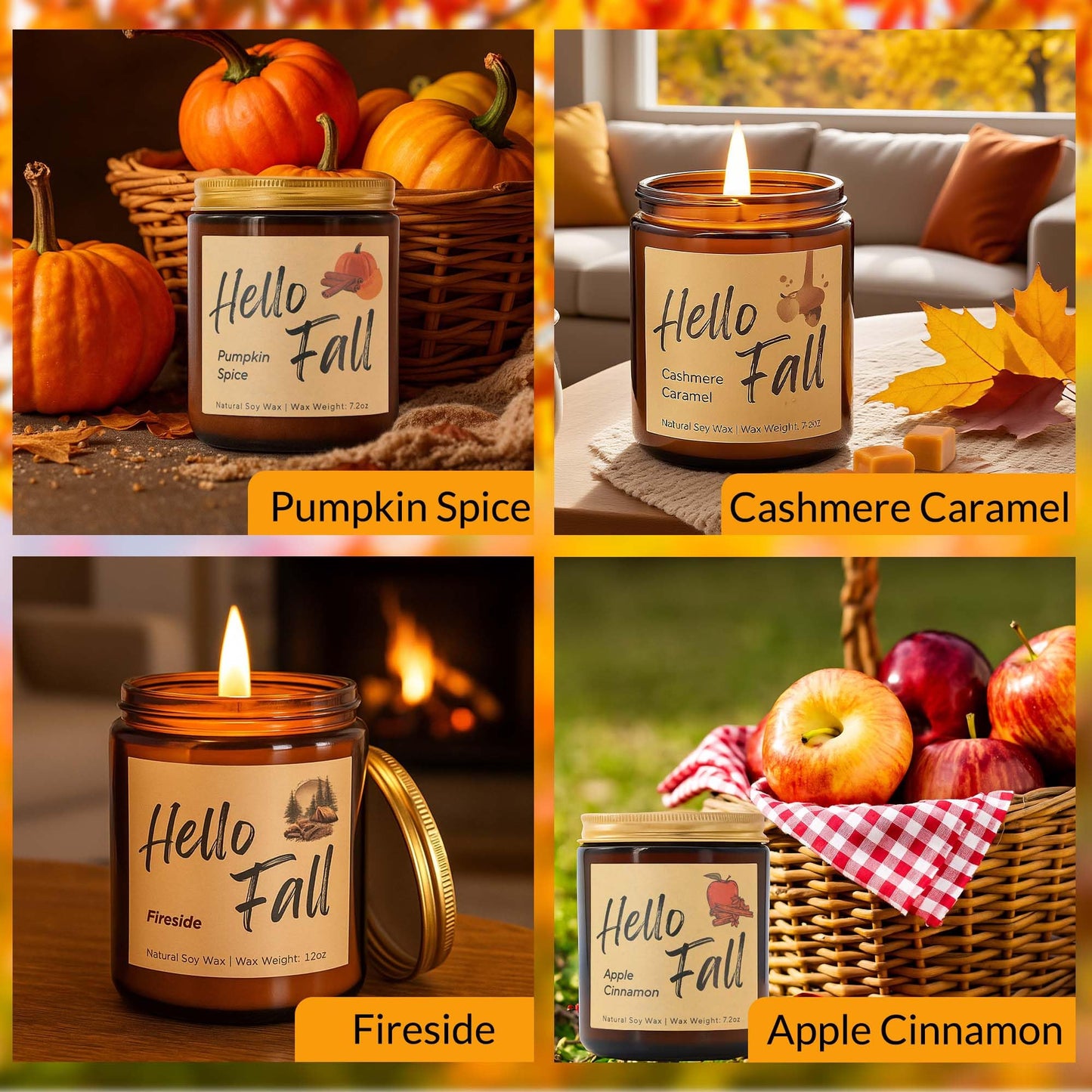 Lihome Fall Candles,Fall Gift for Home Decor, Natural Soy Wax Scented Candles Set- Spicy Pumpkin/Apple Cider/Autumn Harvest/Autumn Leaves(4pcs)