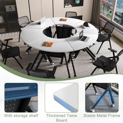 JFazzruit Folding Conference Table,Fan-Shaped Conference Room Tables with Wheels, Mobile Modular Seminar Meeting Desk for Classrooms,Office & Seminar (6, Fan-White)