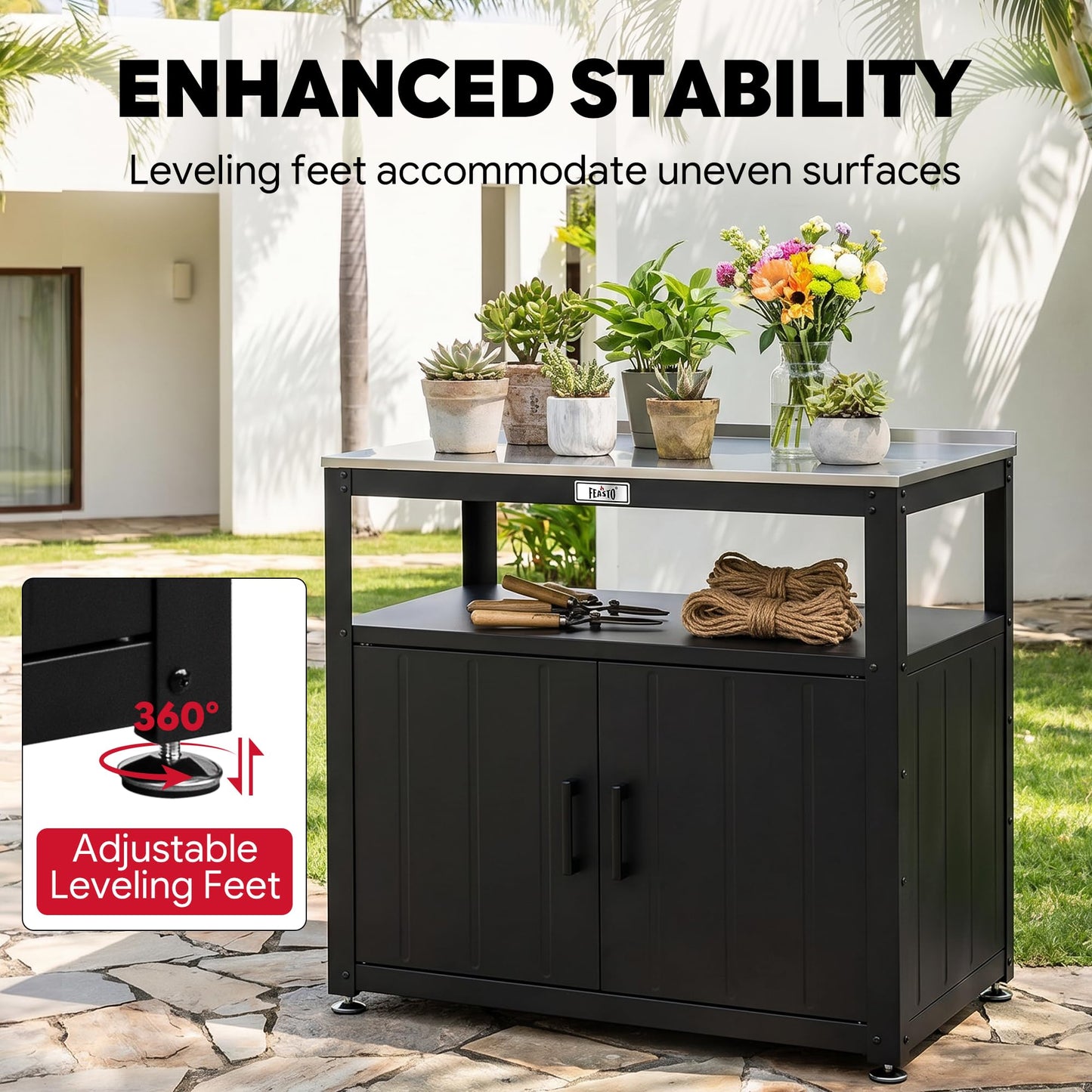 Feasto Outdoor Potting Bench with Storage, Stainless Steel Tabletop Garden Work Bench with Storage Cabinet & Removable Inner Shelf for Patio Lawn Outdoor Gardening