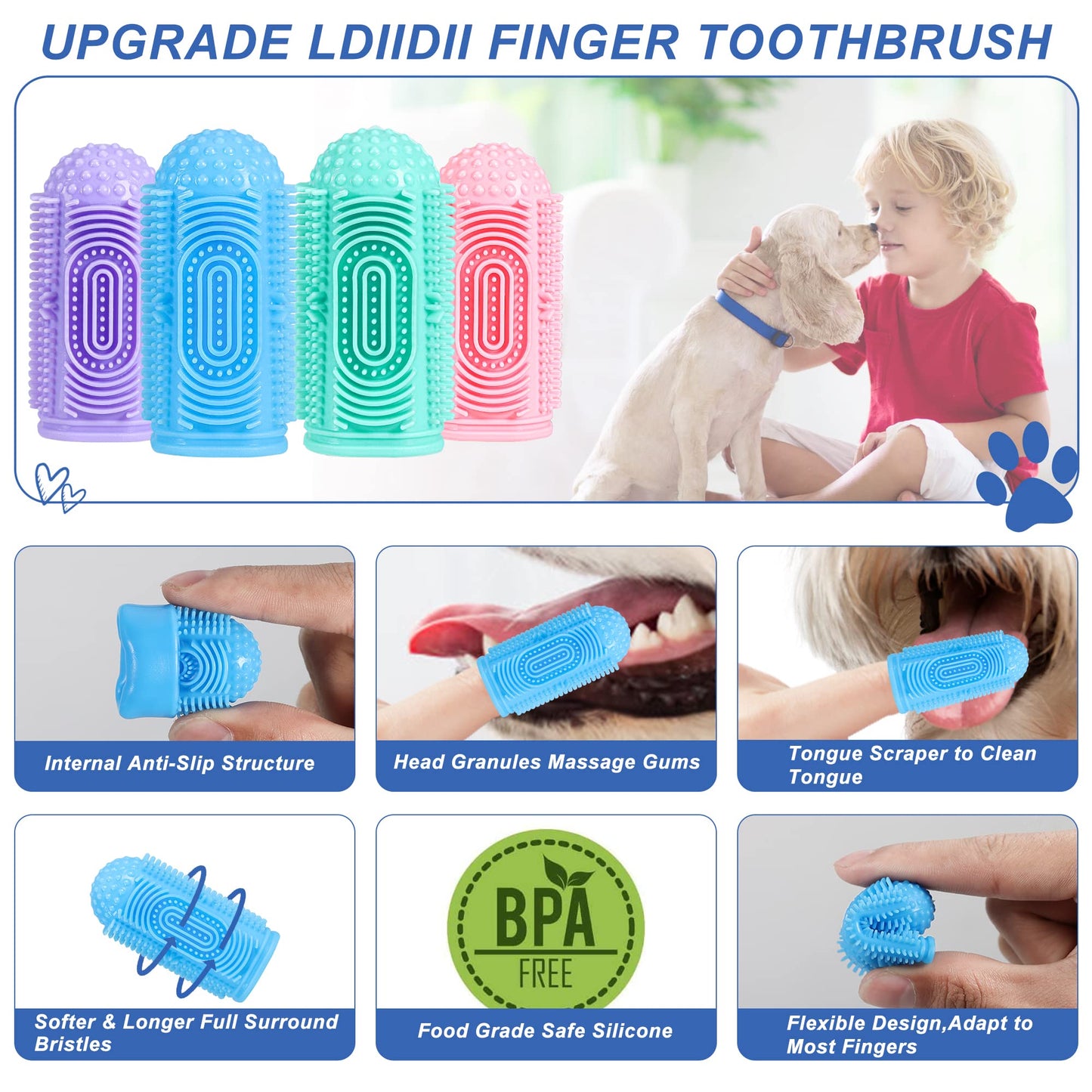 LDIIDII Dog Toothbrush Dog Tooth Brushing Kit Dog Finger Toothbrush for Dog Teeth Cleaning&Dog Dental Care,Cat Toothbrush Dog Tooth Brush Puppy Toothbrush (Blue Green Pink Purple(4-Pack))