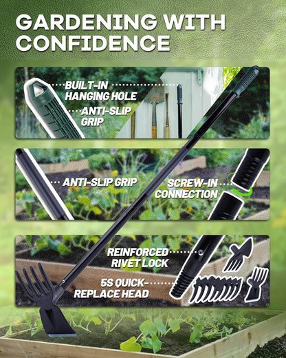HIPULX 5-in-1 Garden Hoe - Adjustable 37" to 50" Handle, 5 Tool Heads, Heavy-Duty Weeding, Cultivating, and Raking Tool for Gardening, Camping, and Outdoor Use