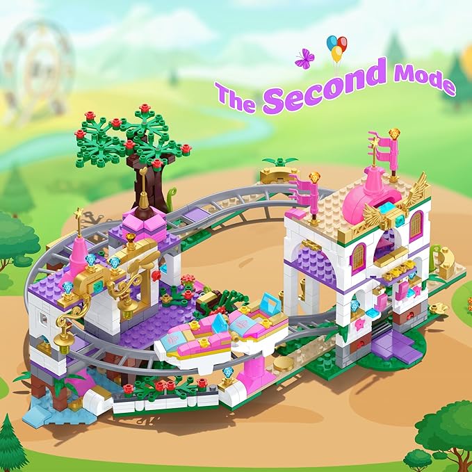 Castle Roller Coaster Building Set STEM Amusement Park Construction Kit for Kids Creative Pink Playground Blocks Birthday for Girls Boys Ages 6-12 (749Pcs)
