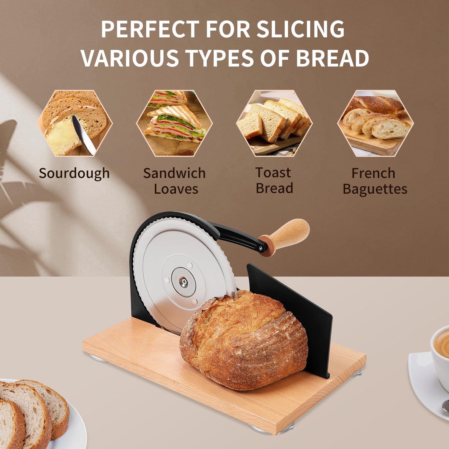 CAWIU Upgraded Manual Bread Slicer for Homemade Sourdough, Adjustable Thickness Hand Crank Bread Cutter with Stainless Steel Blade, Slicing Guide, Suction Cups & Protective Cover (Black)