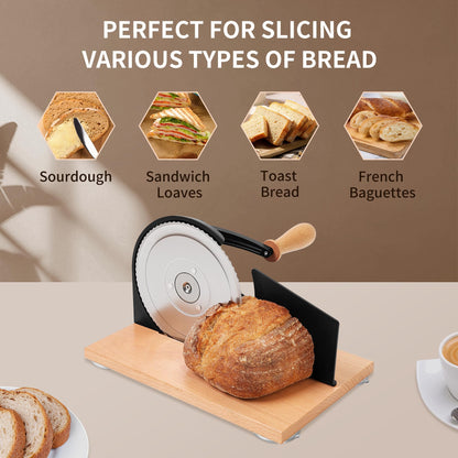 CAWIU Upgraded Manual Bread Slicer for Homemade Sourdough, Adjustable Thickness Hand Crank Bread Cutter with Stainless Steel Blade, Slicing Guide, Suction Cups & Protective Cover (Black)