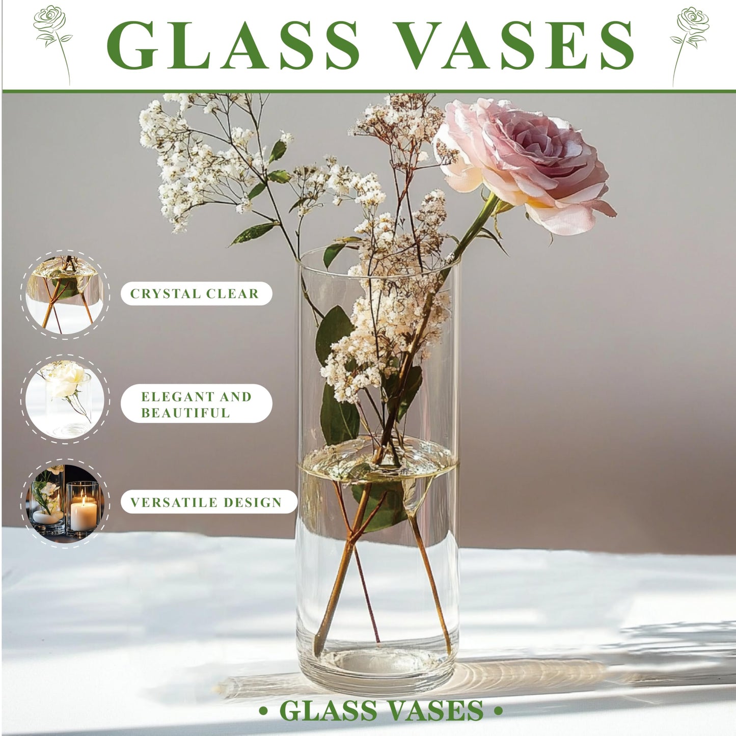 Glass Vase Cylindrical Vase for Tabletop Decoration, Candle Glass Vase, Pebble Vase for Party, Wedding, Banquet Decoration (27, 10+10+12.5cm)