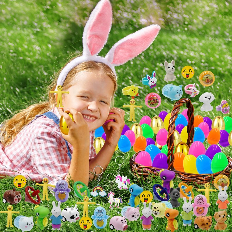 PIONJOY 50PCS Prefilled Easter Eggs with Toys ,50 Plastic Easter Eggs Fillers with Assorted Toys Easter Basket Stuffers for Kid Toddler Boys Girls Party Favors