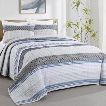HOMBYS Stripe Oversized King Quilt Sets 128"x120", 3 Pieces Bedspread Set White and Light Blue Patchwork Coverlet, Soft and Lightweight Quilted Bedding Set for All Season-1 Quilt & 2 Pillow Shams