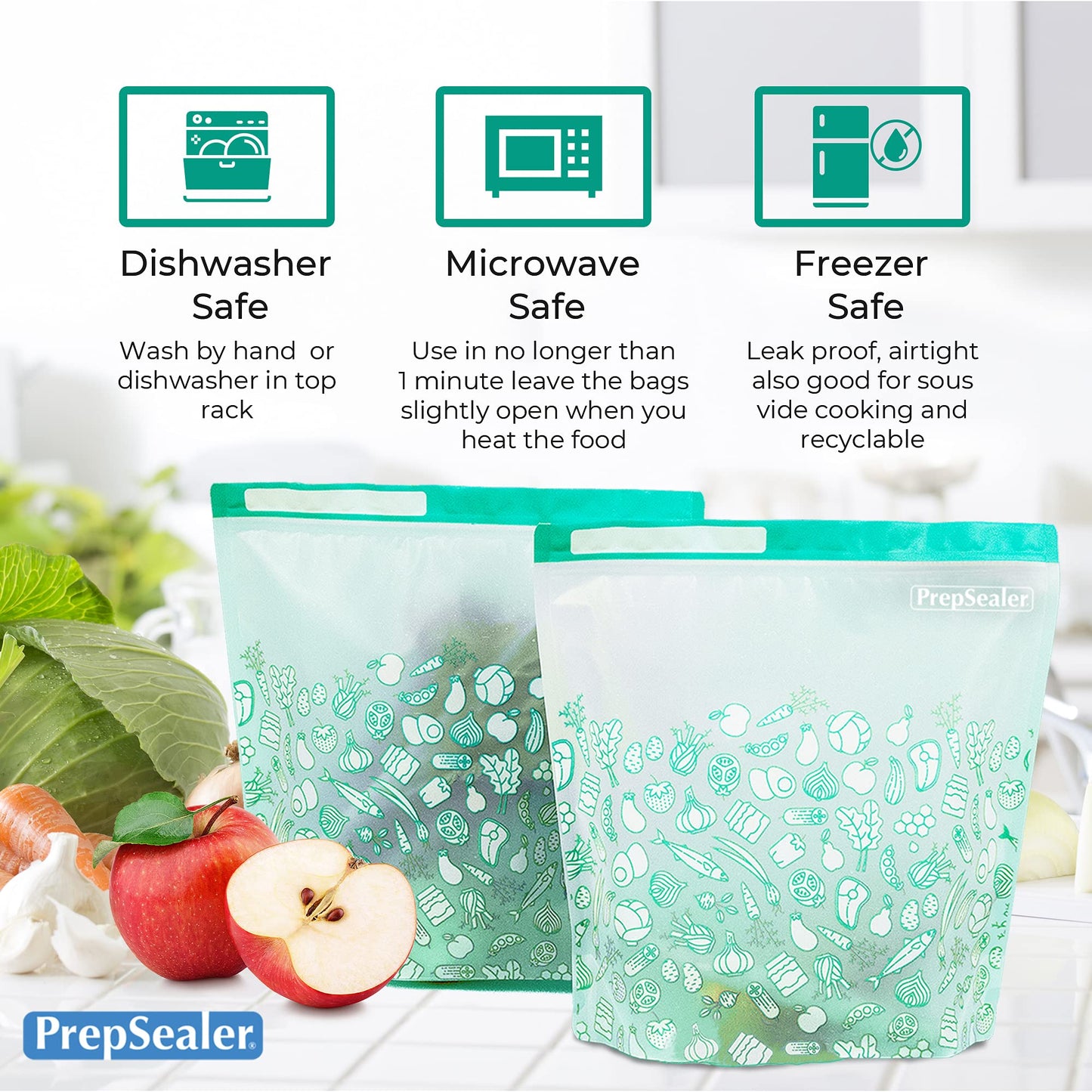 PrepSealer Reusable Food Storage Bags – Keep Fruits, Veggies & Meats Fresh Longer -10 Pieces (3 S, 3 M, 4 L)
