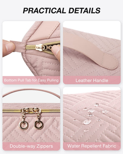 BAGSMART Makeup Bag, Travel Cosmetic Bags Water-resistent Makeup Case for Women Portable Pouch Open Flat Make Up Organizer for Toiletries, Brushes, Pink