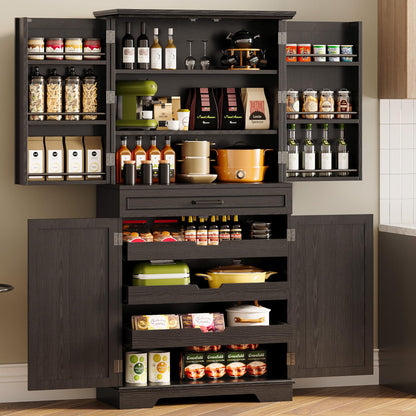 IRONCK Farmhouse Pantry Cabinet, 72" Tall Kitchen Storage Cabinet, Freestanding Cupboard with Sliding Rack & 6 Hanging Shelves,Kitchen Pantry Furniture for Dining Room, Easy Assembly, White