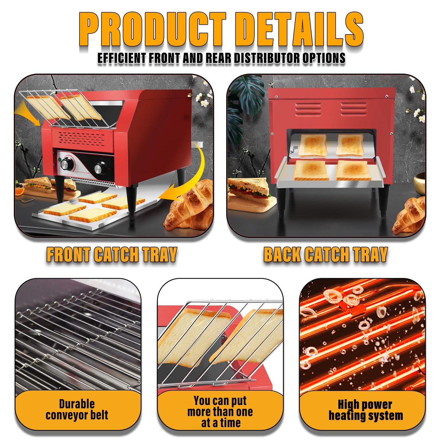 NJTFHU Commercial Conveyor Toaster 300 Slices/Hour Red Conveyor Toaster 3 Modes/7 Speeds Stainless Steel Tabletop Toaster for Toast, Bagels and Other Baked Breads