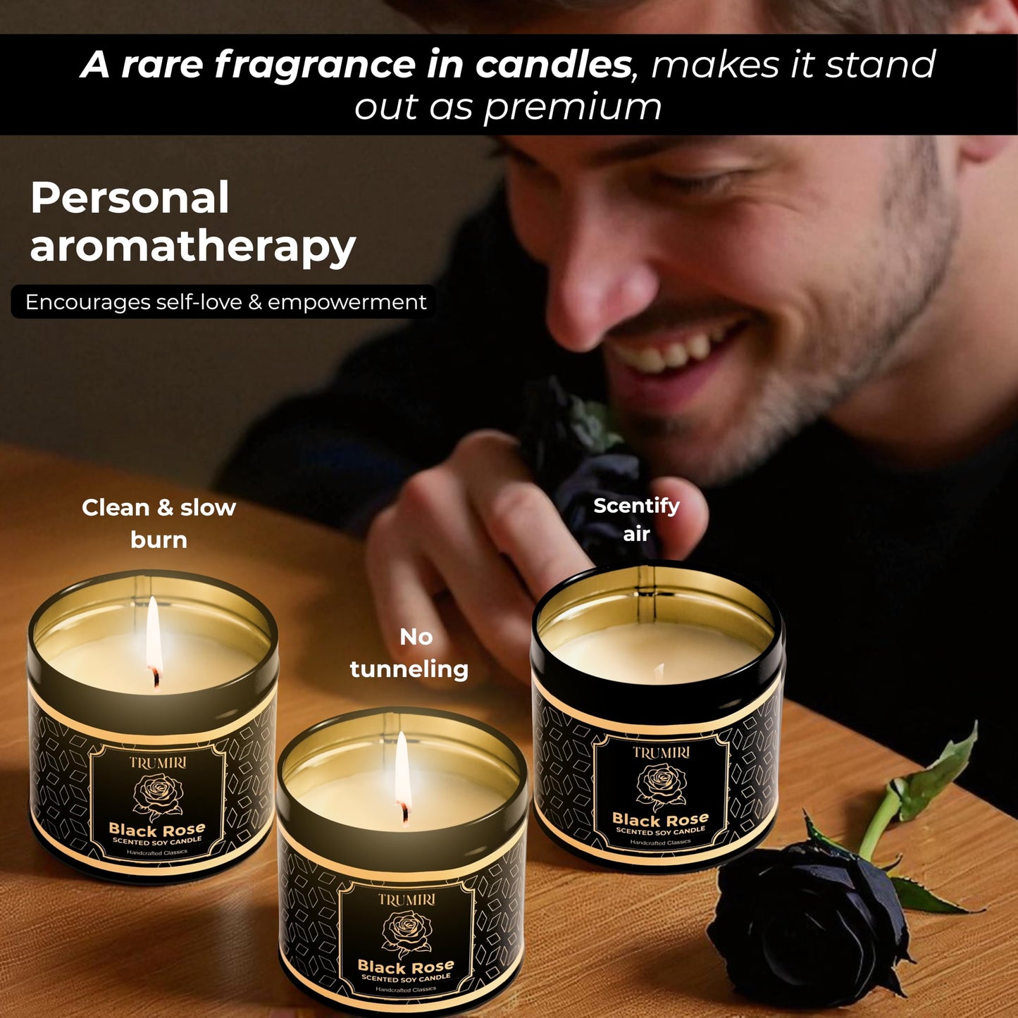 Black Rose Candle Strong Scented Soy Candel Clean Non Toxic Velas Aromáticas Gift for Women 5Oz Decorative Tin Jars with Lids Pack of 3