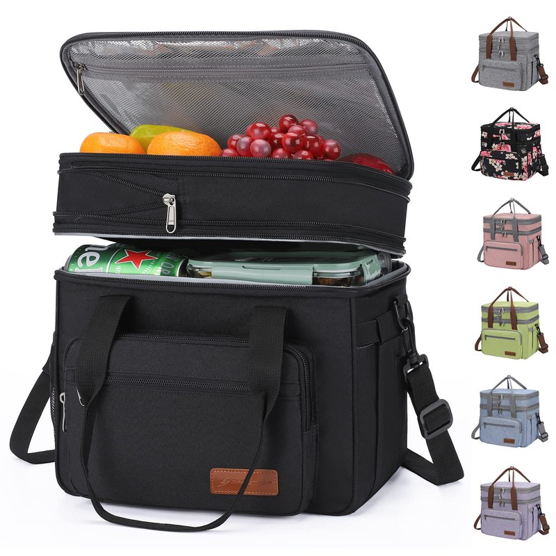 Maelstrom Lunch Box, 23L Insulated Lunch Bag, Expandable Double Deck Cooler Bag, Lightweight Leakproof Tote Bag With Side Tissue Pocket, Suit For Men and Women (A. Black)