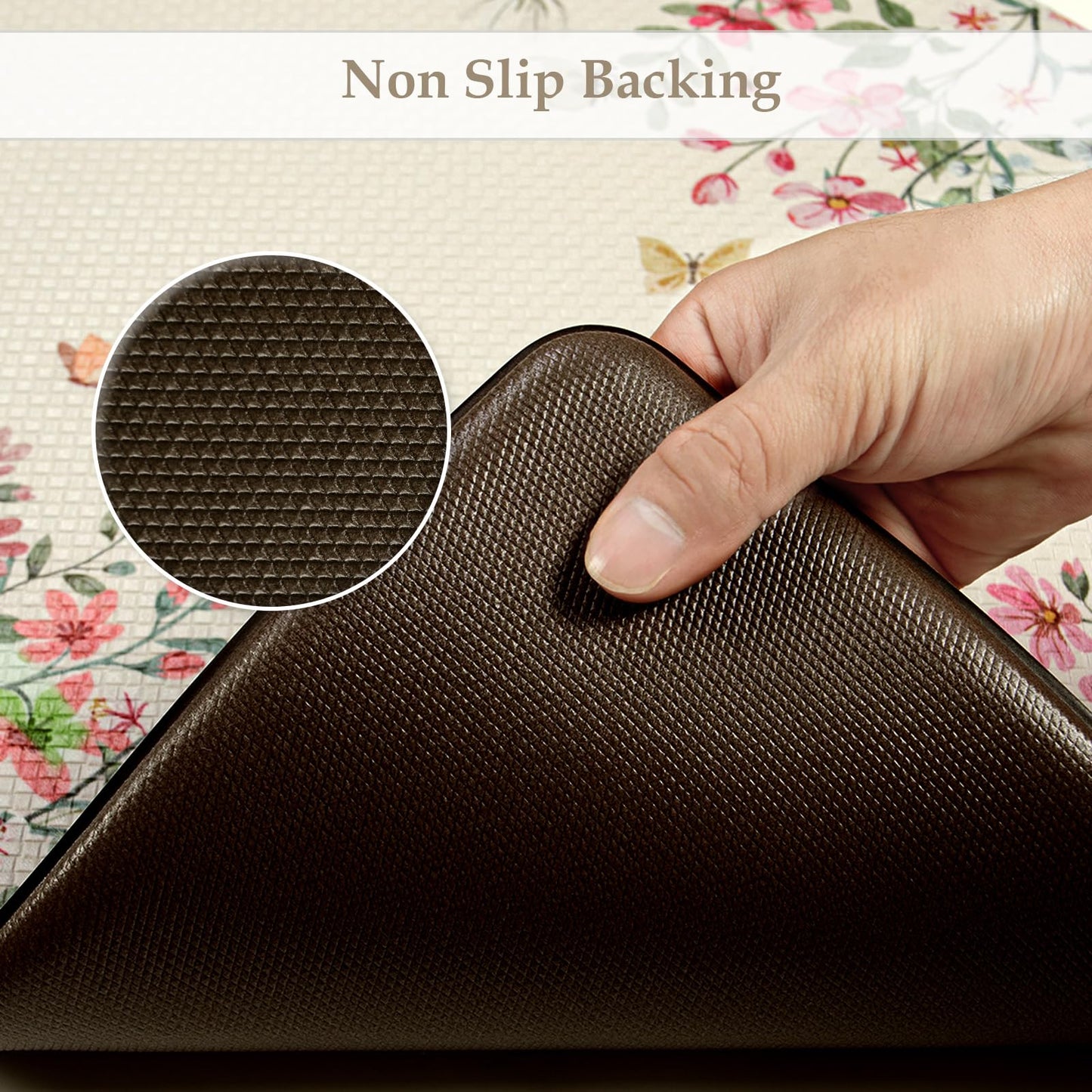 KIMODE Anti Fatigue Kitchen Mats for Floor 2 Piece, Cushioned Floral Kitchen Rugs, Memory Foam Kitchen Floor Mats, Summer Standing Desk Mats for Laundry Office Sink Beige 17"x47"+17"x29"