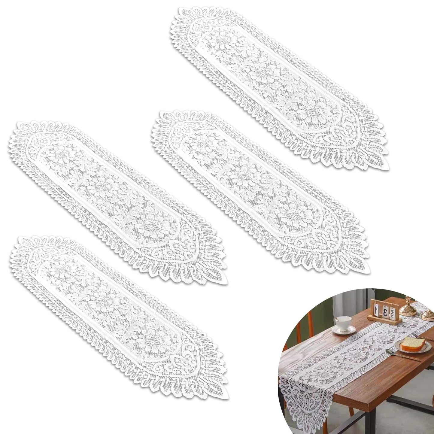 PCMURSAL 4 Pack Cotton Crochet Lace Rectangular Table Runner Dresser Scarf Doilies, 13'' X 44'' White Cotton Dresser Scarf Table Runner for Bedroom Furniture, Home Decor