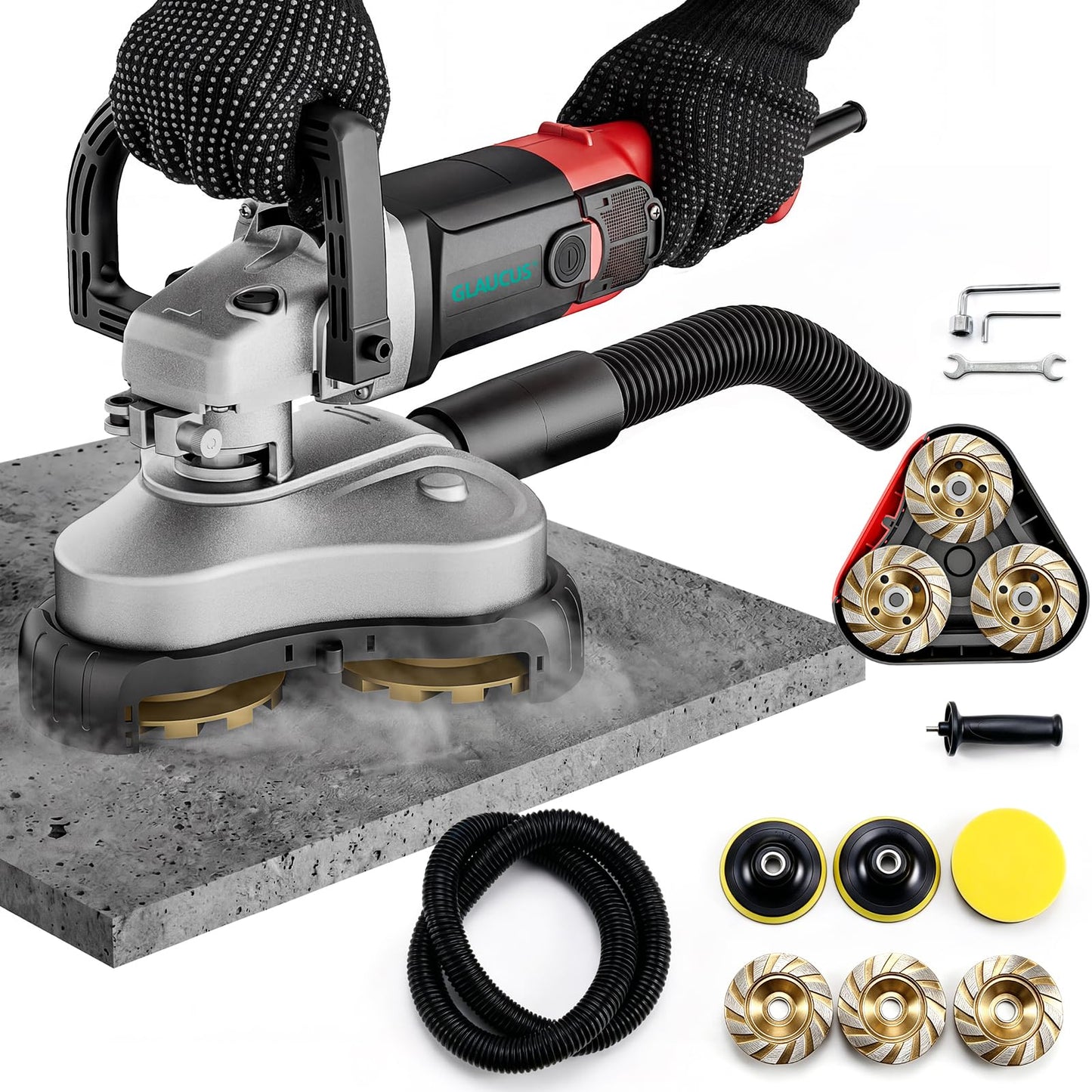 GLAUCUS 4" 3-Head Concrete Grinder, 2200W Electric Concrete Floor Grinder with 6-Speed Control, Diamond Grinding Machine for Concrete, Marble, Granite, Cement Floor Wall Ceiling Polishing (Red)