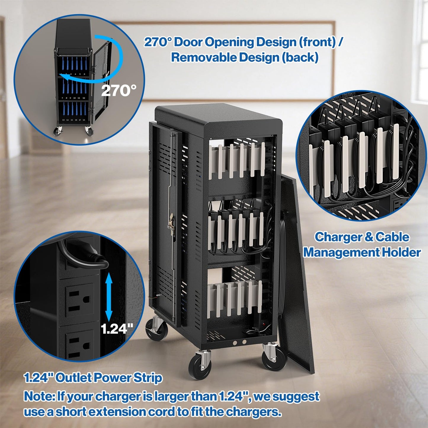 Fully Assembled 18-Device Charging Cart for Chromebook - Locking Laptop Cabinet with Cable Management, Cord Organization, Power Strip - Locks and Stores Tablets up to 14'' and 1.4'' Thick (Black)