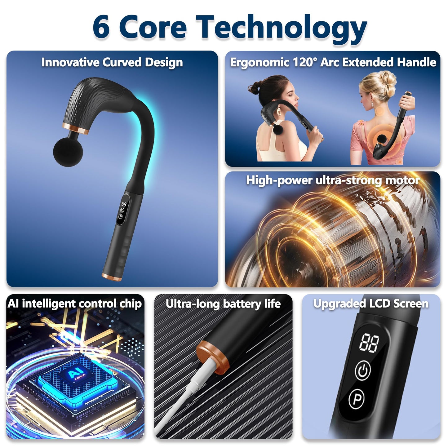 Massage Gun with Upgraded Extension Handle, Back Massager for Pain Relief Deep Tissue, Muscles/Neck/Shoulders/Waist/Legs Massager with 4 Massage Heads & 6 Speed Levels & 3 Massage Modes