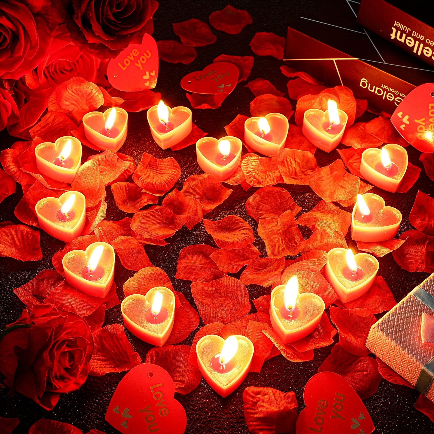 Giegxin 2000 Pcs Red Rose Petals with 24 Pcs Heart Tealight Candles for Romantic Night for Her Set Valentine's Day Anniversary Wedding Table Decor Home Party Gift