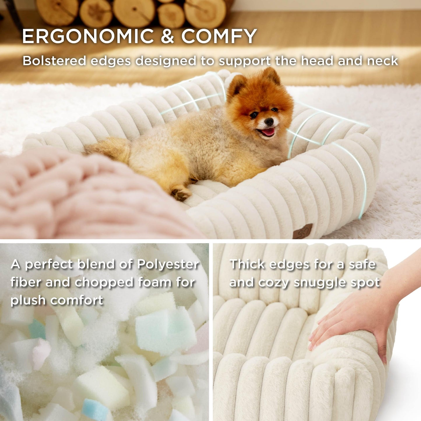 Bedsure Cute Dog Bed for Small Medium Dogs - Washable Furry Puppy Beds, Rectangle Orthopedic Corduroy Fleece Pet Beds with Removable Zipper Cover, 25x21x7inches, Cream