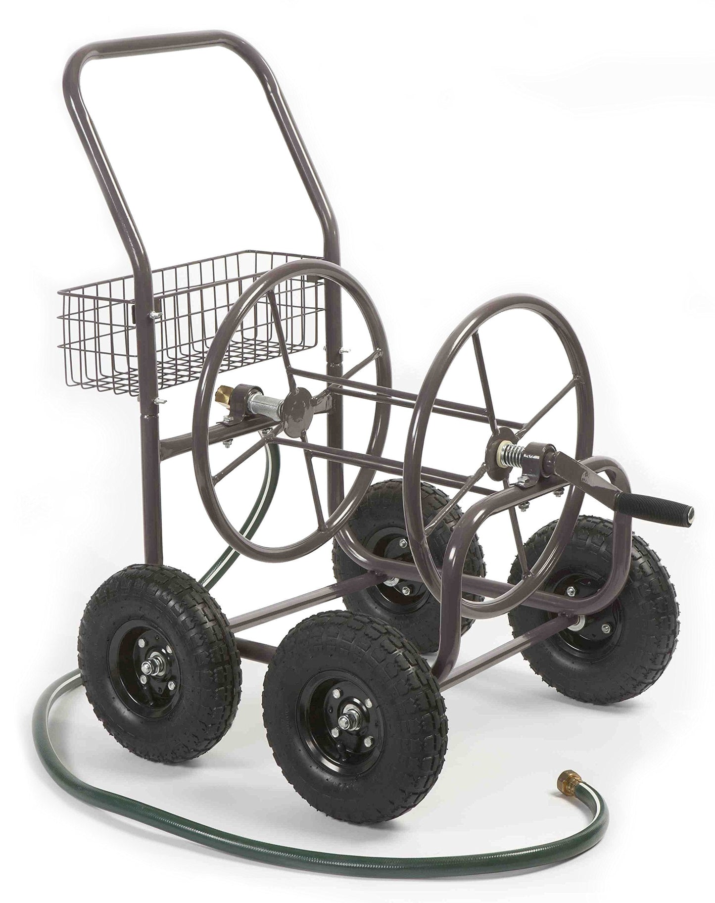 Liberty Garden Residential Grade Four Wheel 250 Foot Capacity Steel Frame Water Hose Reel Cart with Basket for Backyard, Garden, or Home, Brown, Bronze