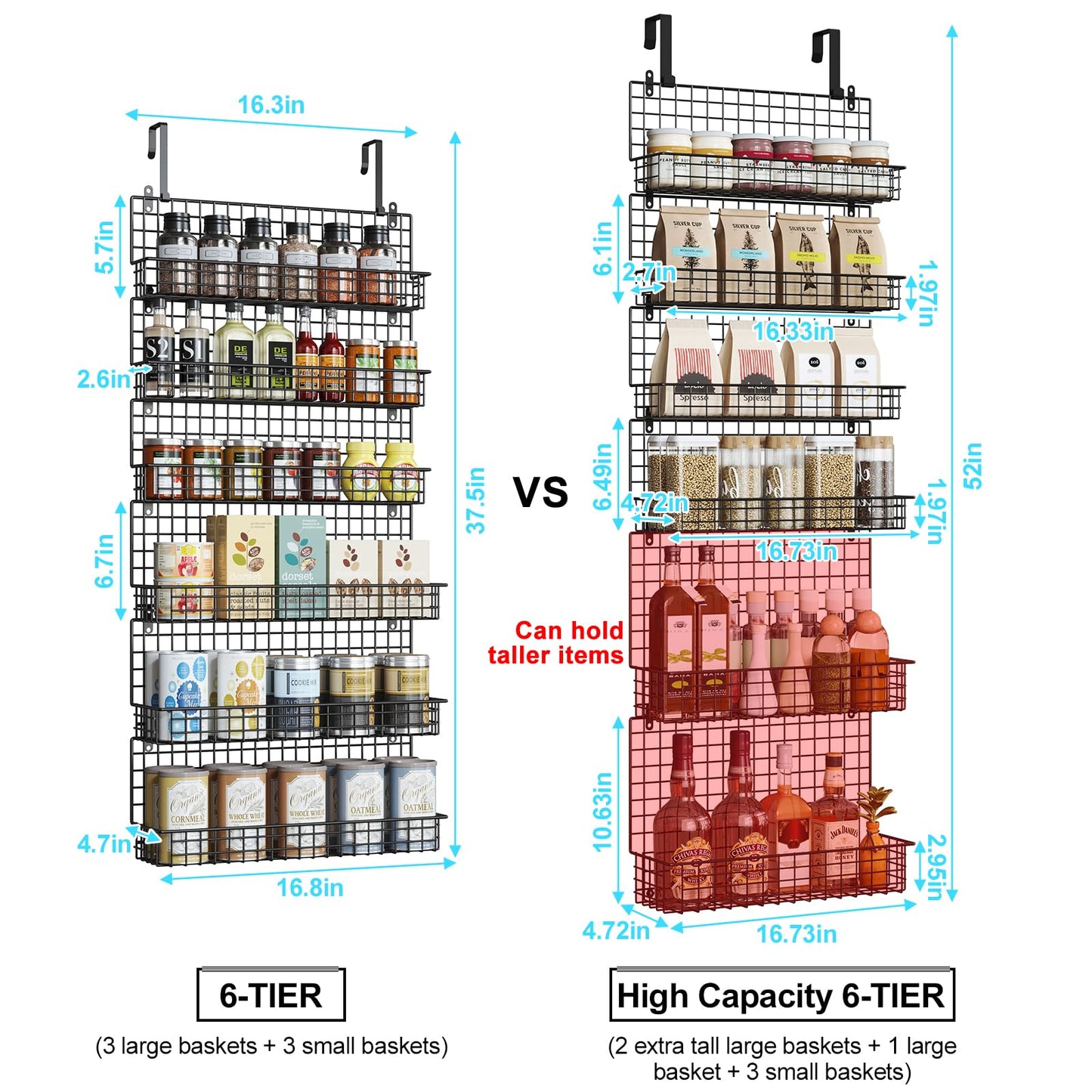JKsmart 6-Tier Spice Rack Organizer with Door Hook, Wall Mounted & Over the Door Spice Racks for Kitchen Pantry Door Cabinet, Two Size, Large Capacity, Black