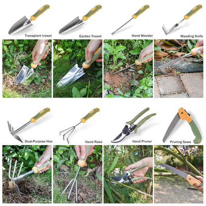 Garden Tool Set, WisaKey 9 Piece Stainless Steel Heavy Duty Gardening Hand Tools with Handle, Durable Garden Tool Bag, Gardening Gifts for Women and Men White Elephant Gifts