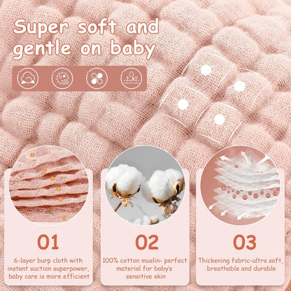 Looxii Muslin Burp Cloths - Ultra Soft & Absorbent 6-Layer 100% Cotton | 20" x 10" | Perfect for Baby Girls in Gradient Pink