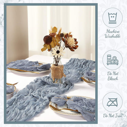 Windkream 2 Cheesecloth Table Runners and 24 Napkins Set, 10Ft Boho Cheese Cloth Table Runners 20 x 20 Inch Rustic Wrinkled Gauze Napkins for Wedding Birthday Baby Shower Party Decor (Dusty Blue)
