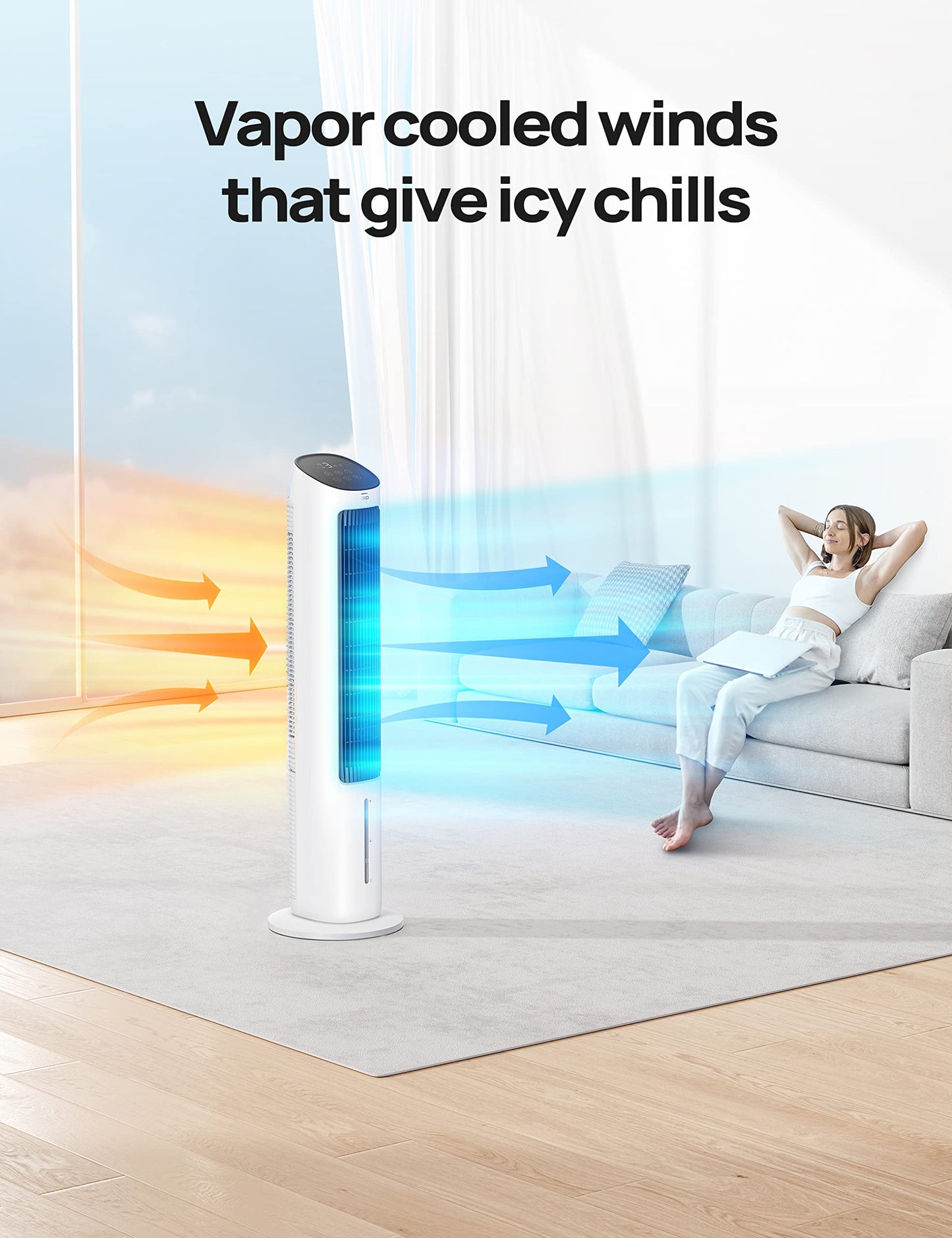 DREO Evaporative Air Swamp Cooler, 40” Standing Fans that Blow Cold Air, 80° Oscillating Bladeless Cooling Fan for Bedroom, Removable Water Tank, Ice Packs, Remote Control, 4 Speeds, White and Black