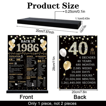 Roetyce 40th Birthday Decorations Gift for Women Men, Black Gold Back in 1986 Poster Acrylic Sign Centerpiece(1PC Duplex Printing), 40th Anniversary Table Decor, 40 Years Old Birthday Party Supplies