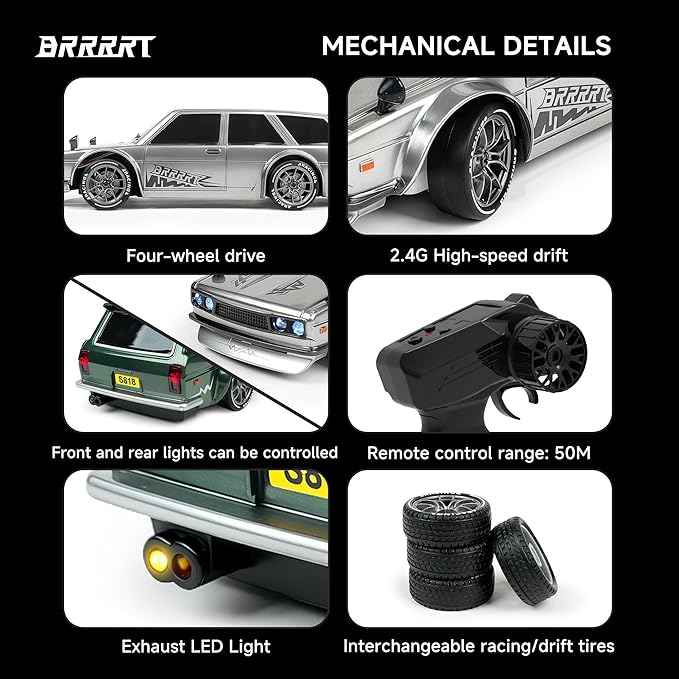 BRRRRT 1:24 RC Drift Car20KM/H 4WD High Speed Remote Control Cars with LED LightsAdjustable High Speed/Low Speed Ddrift CarExtra Drifting TiresSpeed Racing Sport Toy Car for Boys and Girls Age 6+
