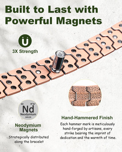 MagEnergy Copper Bracelet for Men, 3X Strength Magnetic Bracelet with 3800 Gauss Magnets, Hammered Design&Patent Pending, Adjustable Length with Sizing Tool