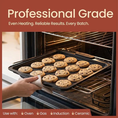BAKKEN 8-Piece Nonstick Baking Pans Set - Professional Gray Marble Bakeware with Silicone Handles | Oven & Dishwasher Safe