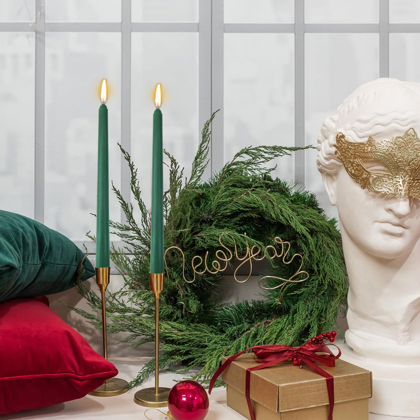 12 Pack 10 inch Hunter-Green Taper Candle Set for Holiday Dinner Party, Unscented Long Candlesticks, Dripless and Smokeless, 7-8 Hours Burn