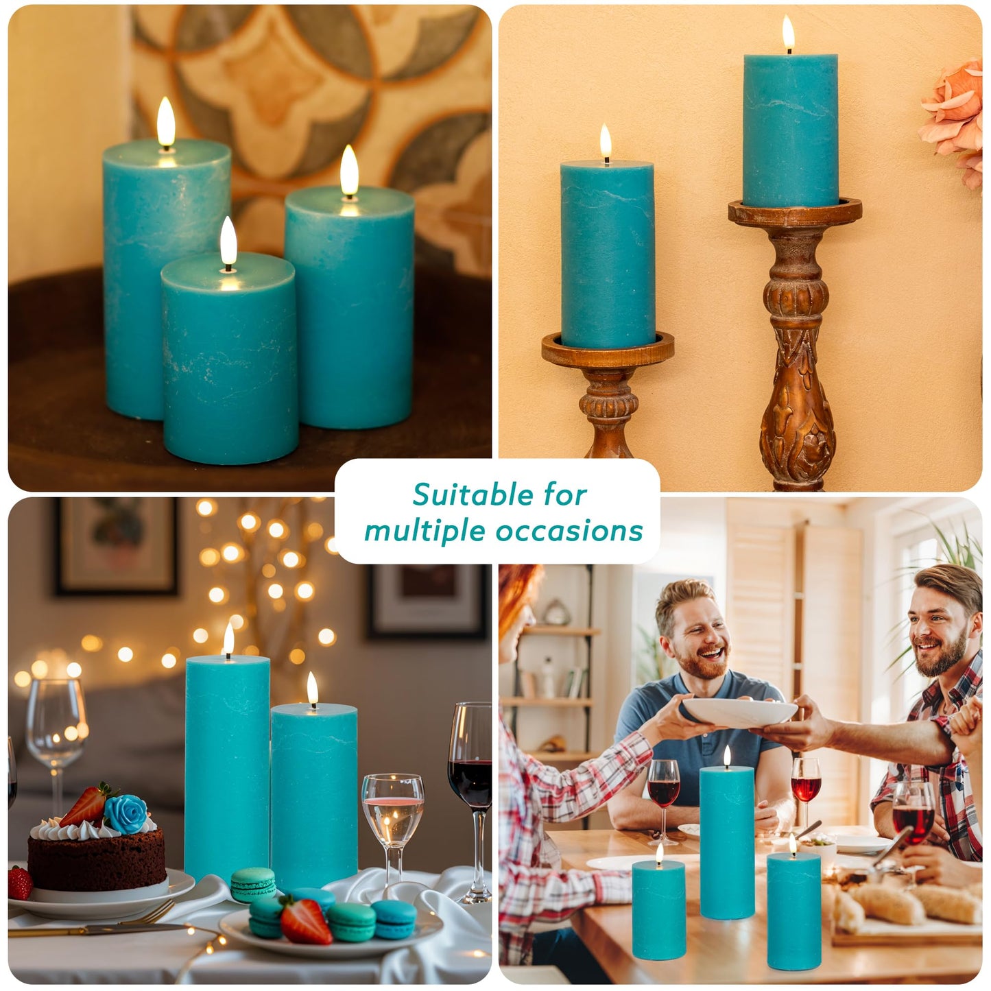 AFINETH Teal Flameless Candles, Real Wax Battery Operated Candles with Remote, Flat Top Flickering LED Pillar Candles for Home Party Wedding Holiday Decor, Set of 3 (H 4" 5" 6" x D3)