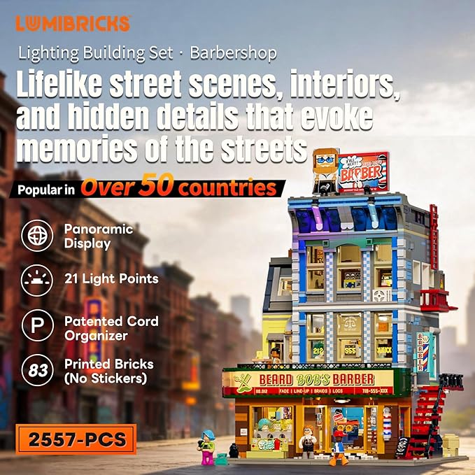 Barbershop Lighting Building Bricks Set - Street Fusion City Town Modular Playset Collection Display kit with Minifigures 2557 Pcs for Adults &amp Teens &amp Life Enthusiasts