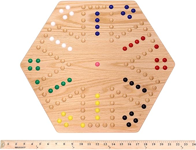 AmishToyBox.com Wahoo Marble Game Board Set - 20 Wide - Solid Oak Wood - Double-sided - with Large 18mm Marbles and Dice Included