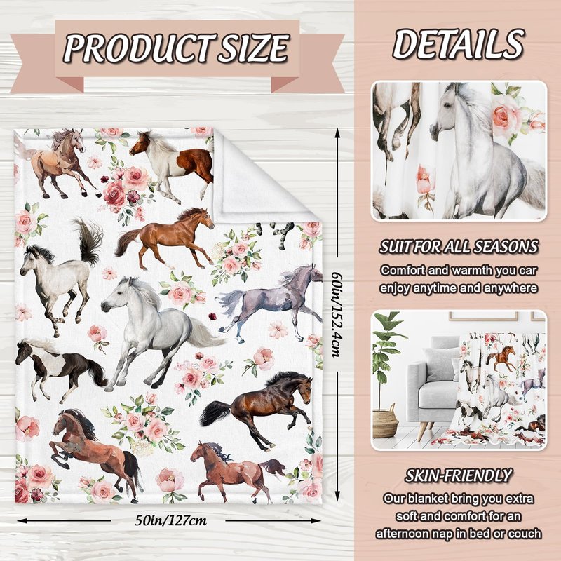 JarThenaAMCS Floral Horse Fuzzy Blanket 60 x 50 Inch Farmhouse Throw Blanket Watercolor Flower Cow Soft Cozy Flannel Blankets for Home Chair Sofa Couch Bed