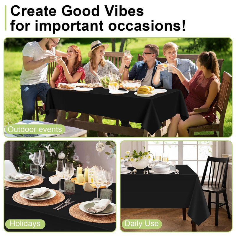 QIKSION Black Plastic Table Cloth Disposable 2 Pack, 54 x 108 Inch Tablecloths for Party, Graduation, Halloween Decorations, Rectangle Table Cover