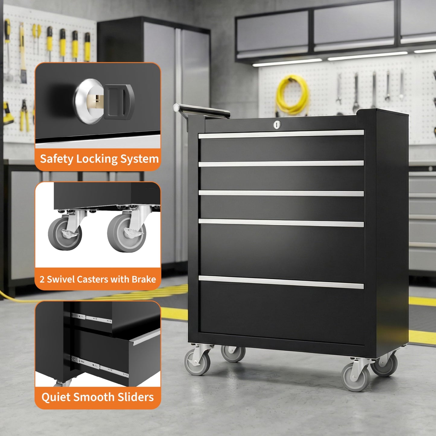 SierraSquad Rolling Tool Chest, 5-Drawer Tool Storage Cabinet, Tool Box with Wheels, Lock System and Drawer Liners, Tool Cart for Warehouse, Workshop and Repair Shop, Black