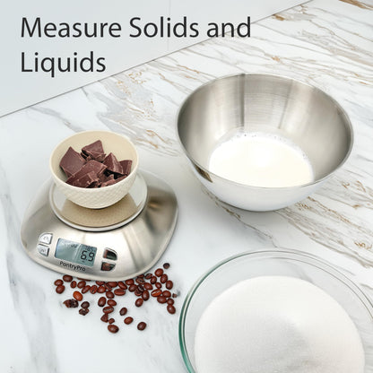 Stainless Steel Digital Kitchen Scale w. Bowl - for Food Coffee Lab - LCD Display gram Ounces lb:oz lb ml - 12 LBS/5.5 KG Capacity - Battery Included - Silver by The Display Guys