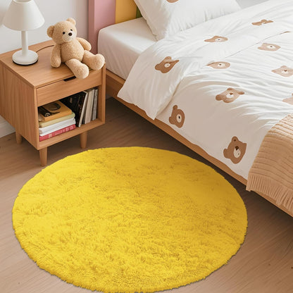OLANLY Yellow Round Area Rug - Soft, Machine Washable 3 ft Shaggy Carpet for Bedroom & Living Room Decor