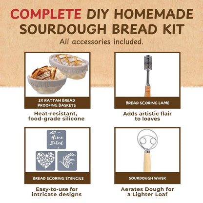 Complete Sourdough Bread Starter Kit, Glass Sourdough Starter Jar Kit & Tons of Sourdough Bread Baking Supplies - Sourdough Starter Kit Includes Sourdough Jar, Banneton Basket (2x Baskets and Jar)
