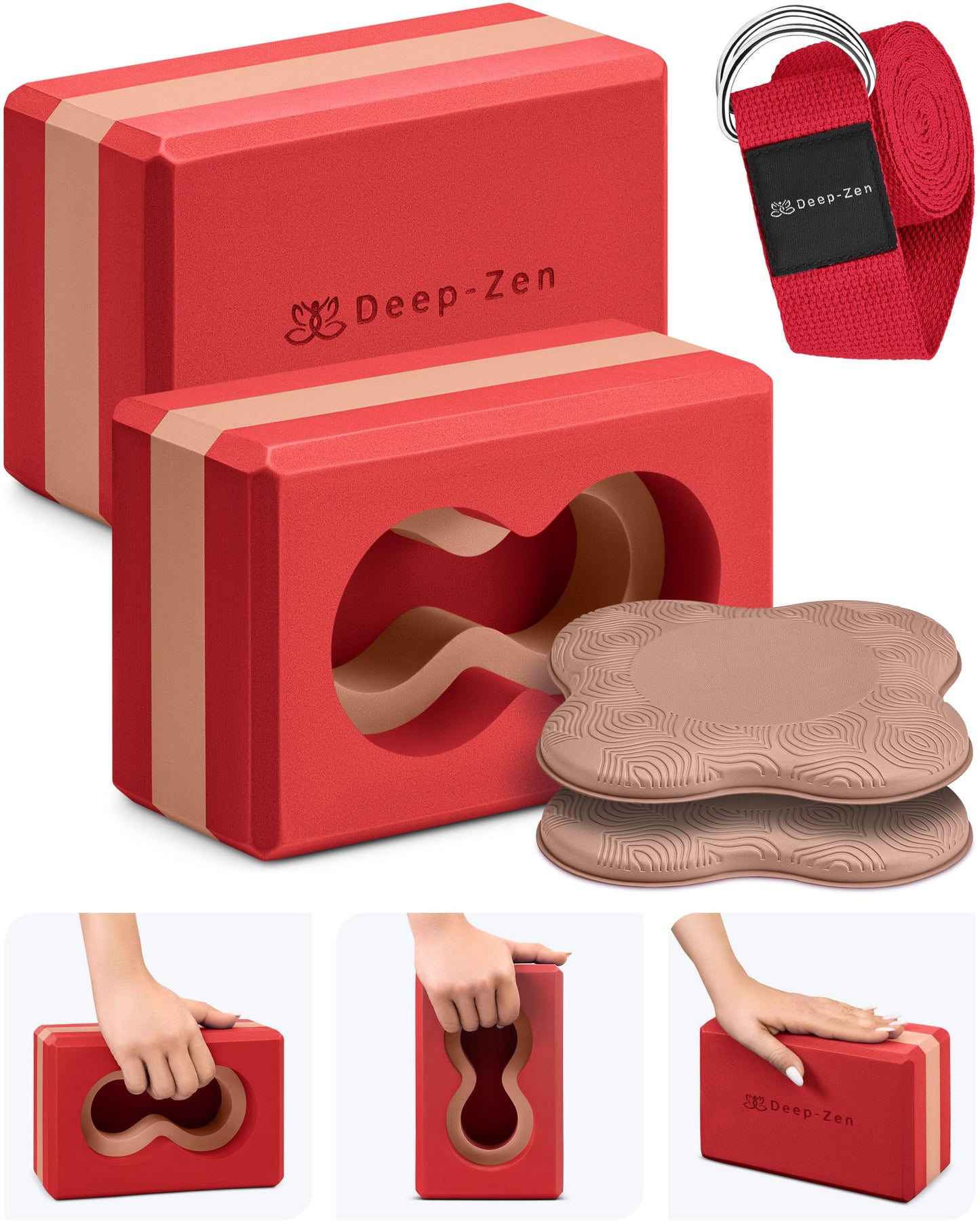 Deep-Zen® Yoga Blocks Wrist Support; Yoga Blocks 2 Pack with Knee Pads and Strap to Put Less Weight on Wrists; Durable, Versatile Yoga Brick Exercise Block Set, Blocks Yoga