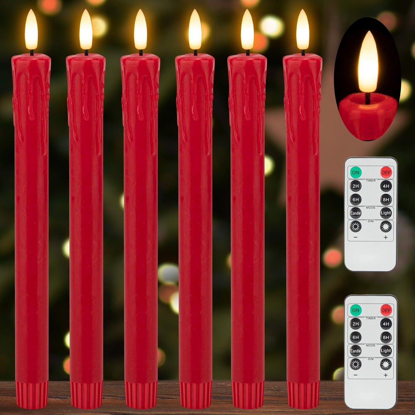 JOIONE Flameless Taper Candles with Remote Timer, 9.6" Red Real Wax Flickering Battery Operated Warm Light Electric LED Candle, Perfect for Christmas Party Wedding Decoration (6 Pack)
