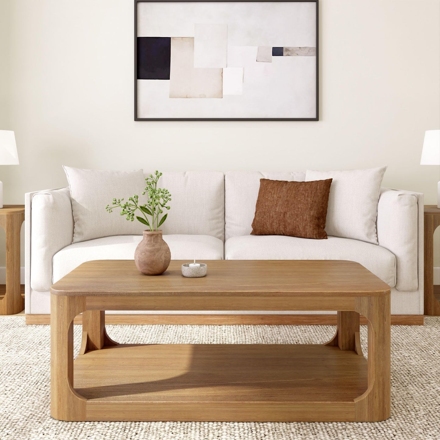 Plank+Beam Forma Coffee Table, Solid Wood 48 Inch Modern Coffee Table with Shelf, Contemporary Center Table with Storage Space, Rectangle Tea Table with Storage, Pecan